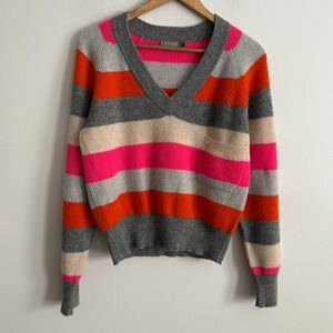 Brodie Cashmere 100% Cashmere Striped V Neck Sweater Pink Orange Gray Size S